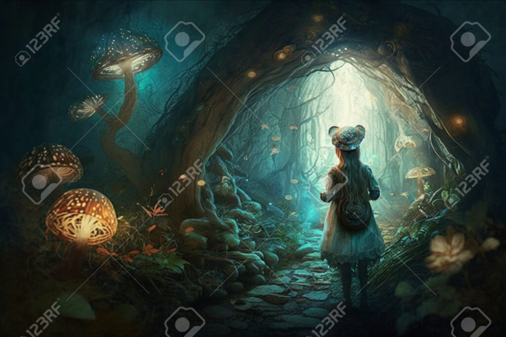 ilustracion de una nina bajo luces brillantes